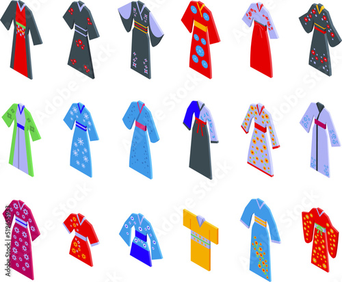 Kimono icons set isometric vector. Asian girl. Japan woman