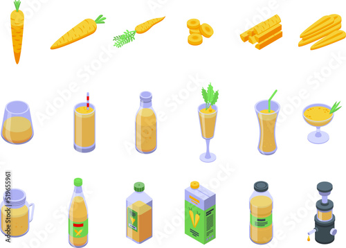 Carrot juice icons set isometric vector. Blend beverages. Detox diet