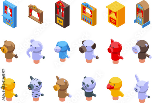 Puppet theater icons set isometric vector. Marionette doll. Theater kid