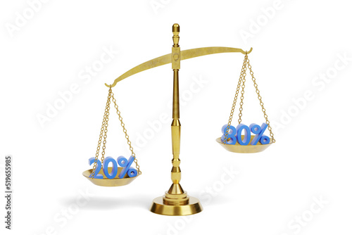 Balance scale with 20 and 80 percent isolated on white background. Pareto principle concept. 3d illustration. photo