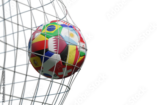 Soccer ball with world championship flags scoring the goal and moving the net isolated on white background. 3D illustration.