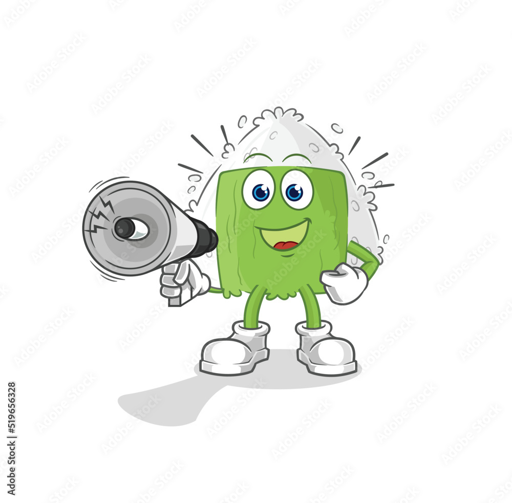 Obraz premium onigiri holding hand loudspeakers vector. cartoon character