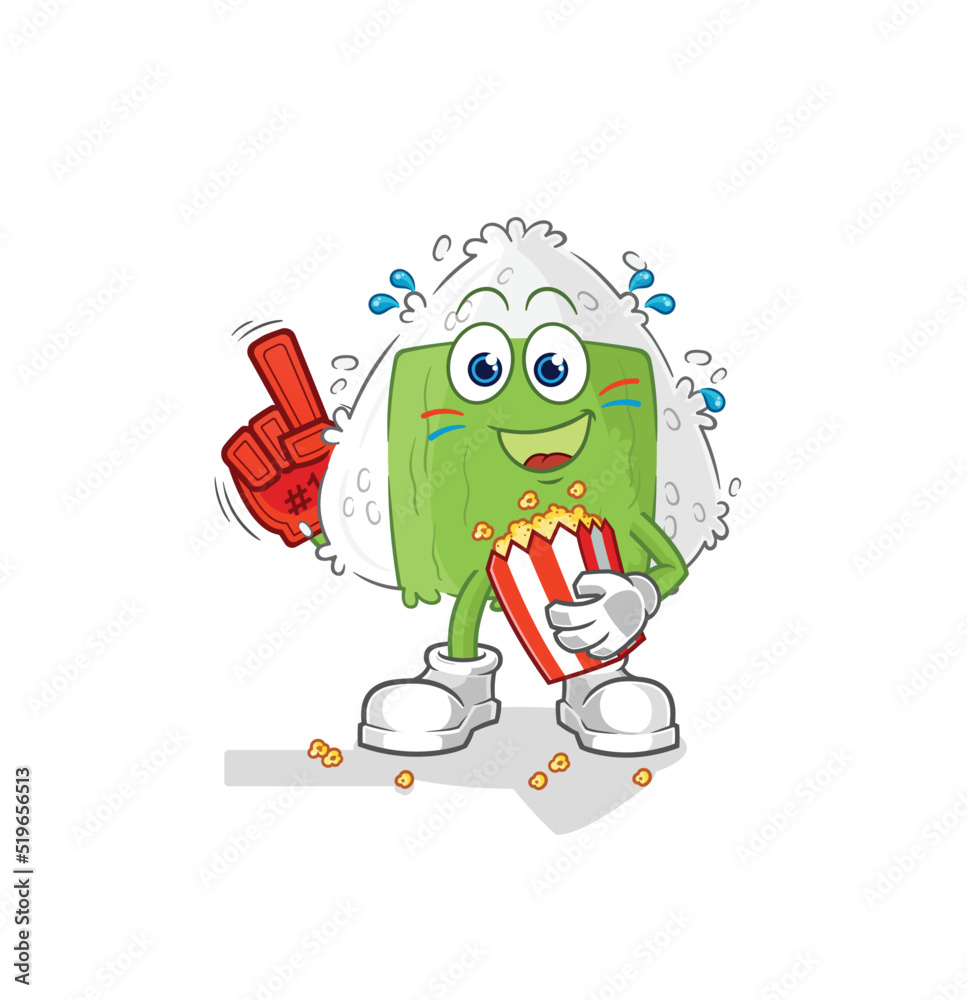 Obraz premium onigiri fan with popcorn illustration. character vector