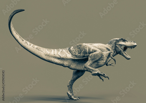green tyrannosaurus rex is walking on dark background