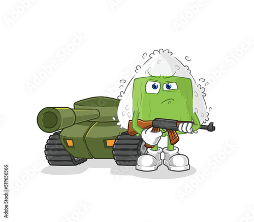 onigiri soldier with tank character. cartoon mascot vector