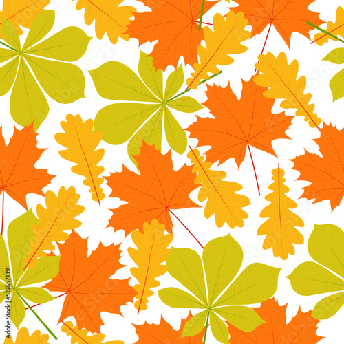 Autumn leaves of chestnut, maple and oak seamless pattern