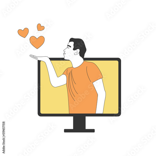 Man character sending blow air kiss hearts from screen. Positive feedback or online dating love message concept. Good grade, attitude mark metphor hearts flying away from computer vector illustration photo