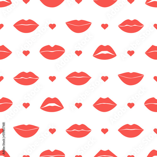Different female lips kisses and hearts red seamless pattern