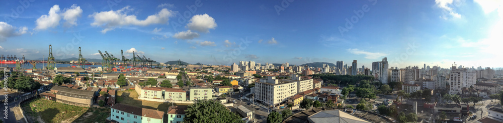 Santos, Brazil. April 10, 2016: Panorama 180 degrees of the city. Port region. Estuary and Ponta da Praia neighborhoods. Container Terminal at the Port of Santos.