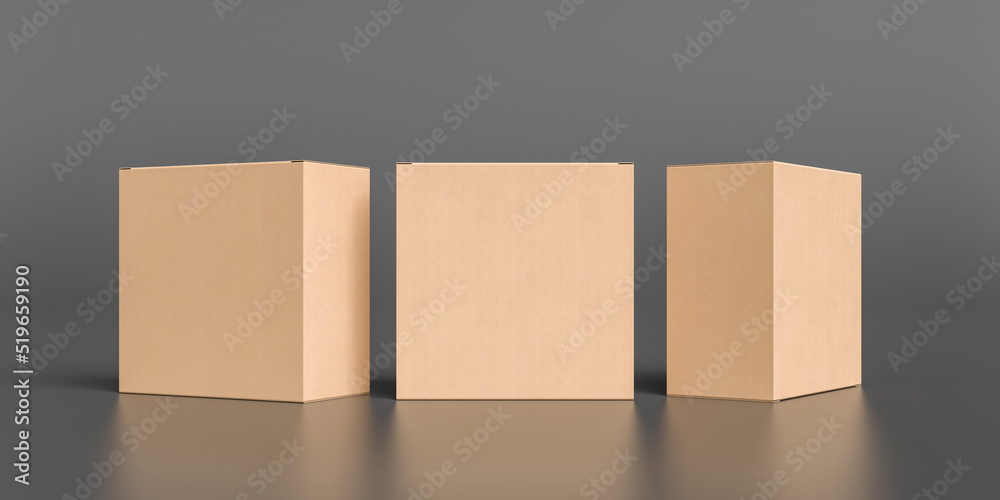 Three square boxes mock up. Cardboard gift boxes on black background. Front view Three square boxes mock up. Cardboard gift boxes on black background. Front view