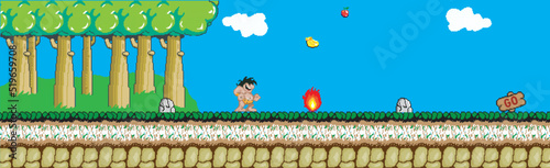 pixelated primitive cave man with natural forest landscape with additional prizes 
