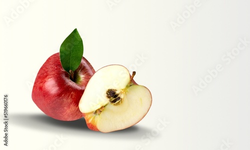 Red whole apple, half and a slice on background. Red apple set