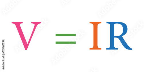 Ohm's law formula in physics. Electric current voltage and resistance formula. V, I, and R, the parameters of Ohm's law.