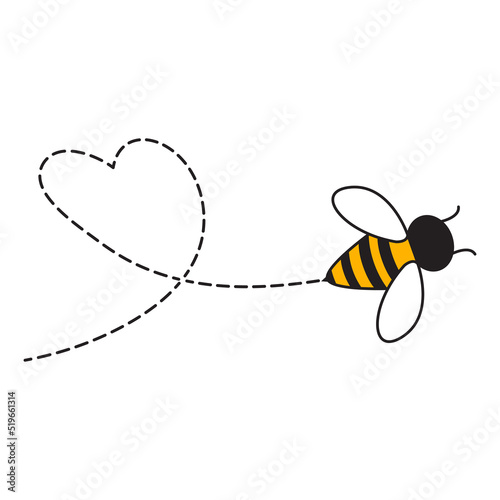 Cartoon bee flying dotted lines on a heart.Lovely bee character.