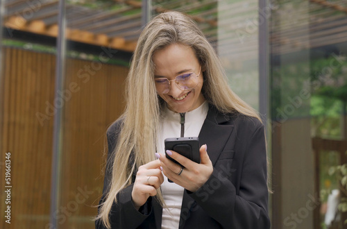 Happy woman communicates via online video call.