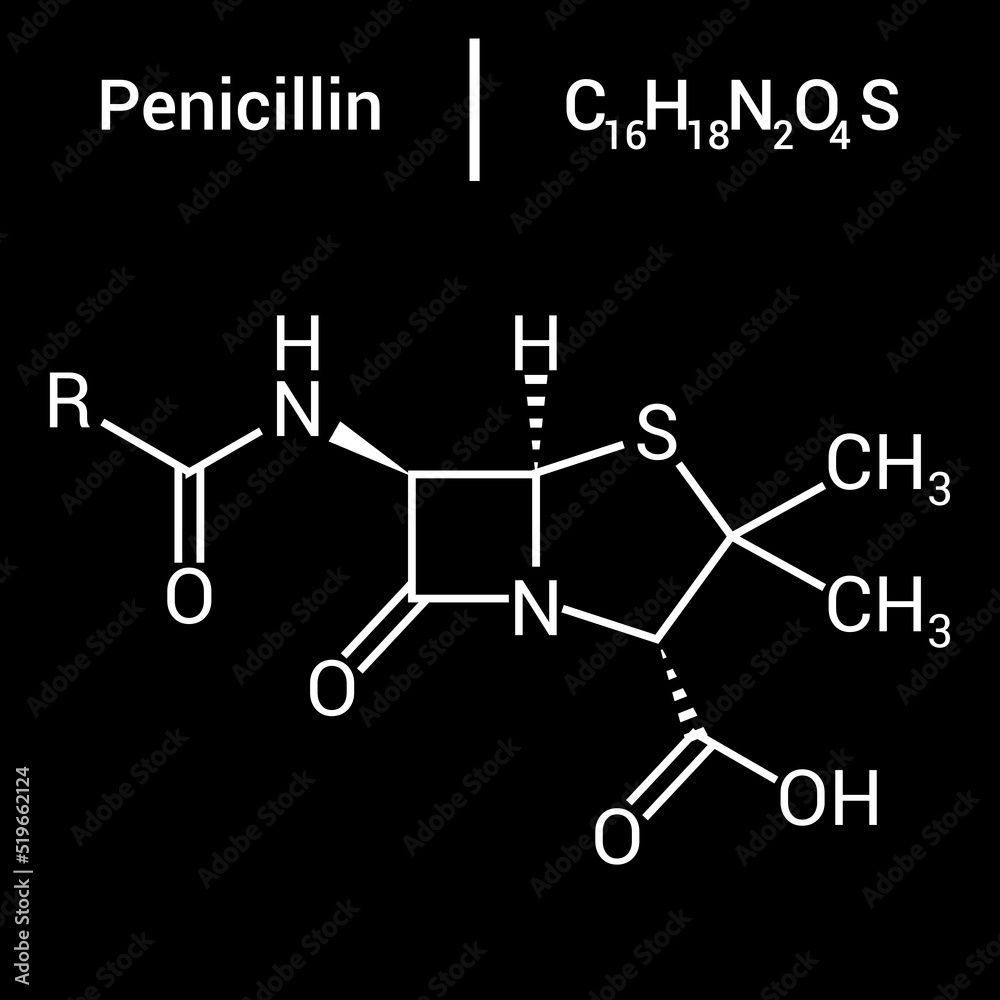 chemical structure of Penicillin (C16H18N2O4S) - obrazy, fototapety, plakaty 