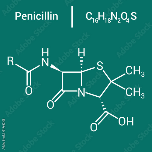 chemical structure of Penicillin (C16H18N2O4S)