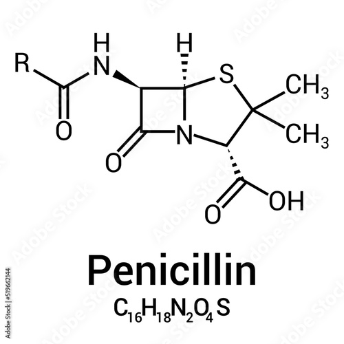 chemical structure of Penicillin (C16H18N2O4S)