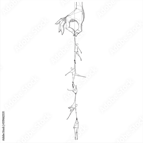 String of people hanging from a hand