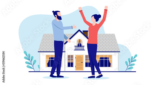 Couple buying house - Happy man and woman cheering after home purchase, flat design vector illustration with white background