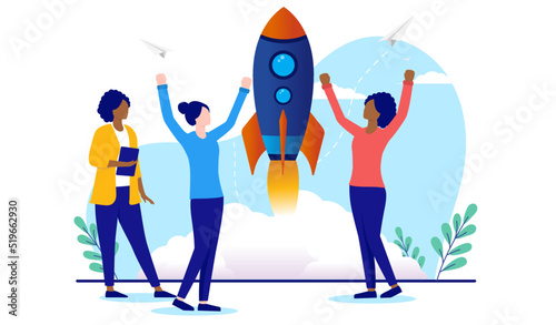 Diverse women startup team - Female business people launching new rocket while cheering and being happy. Flat design vector illustration with white background