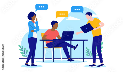 Casual teamwork vector illustration with diverse team of people working together with computers. Flat design with white background