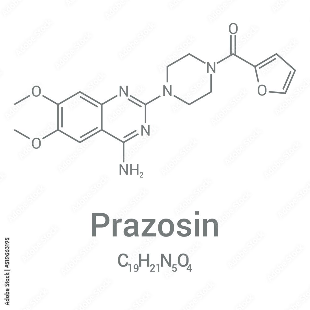 chemical structure of Prazosin (C19H21N5O4) chemical structure of Prazosin (C19H21N5O4)