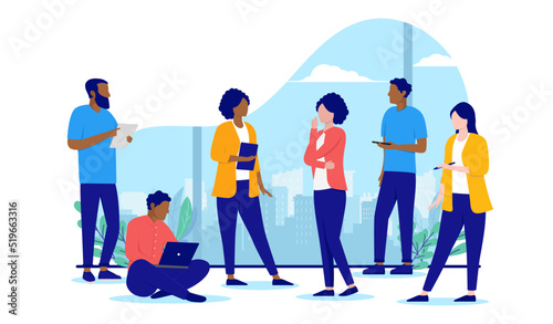 Diverse business vector characters - People of different ethnicity working and standing around. Flat design illustration