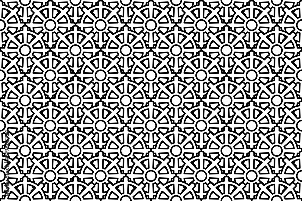 Seamless pattern completely filled with outlines of wheel symbols. Elements are evenly spaced. Vector illustration on white background