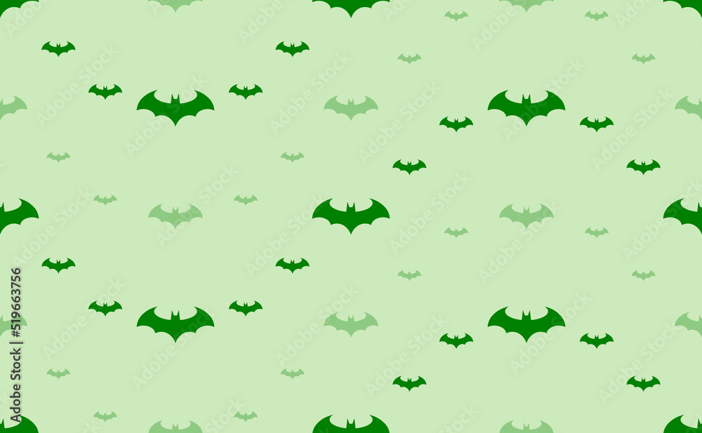 Seamless pattern of large and small green bat symbols. The elements are arranged in a wavy. Vector illustration on light green background