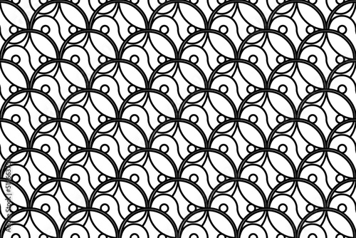 Seamless pattern completely filled with outlines of yin yang symbols. Elements are evenly spaced. Vector illustration on white background