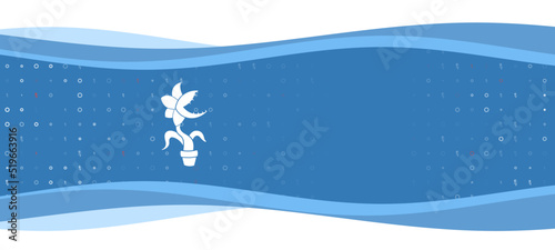Blue wavy banner with a white carnivorous plant symbol on the left. On the background there are small white shapes, some are highlighted in red. There is an empty space for text on the right side