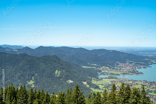 Tegernsee bei strahlendem Sonnenschein im Sommer in Bayern von oben
