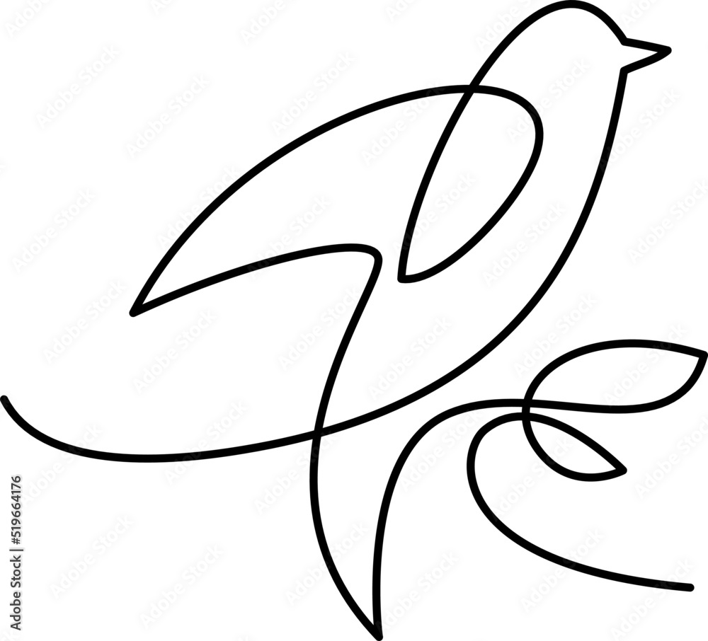Bird sitting on branch leaves logo. Continuous one line drawing Bird sitting on branch leaves logo. Continuous one line drawing