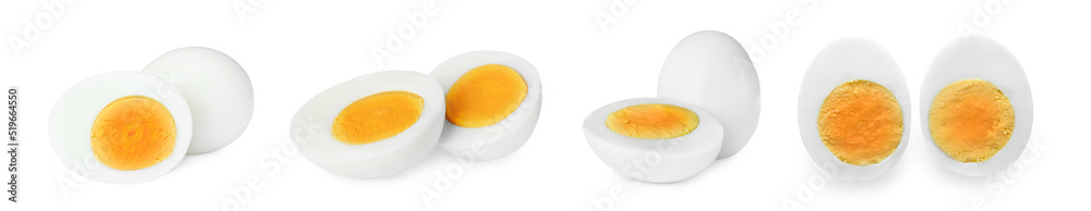 Set with tasty hard boiled eggs on white background. Banner design