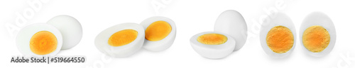 Set with tasty hard boiled eggs on white background. Banner design
