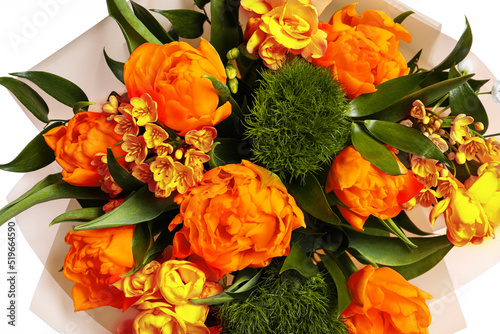 Bouquet of beautiful orange peony tulips, closeup