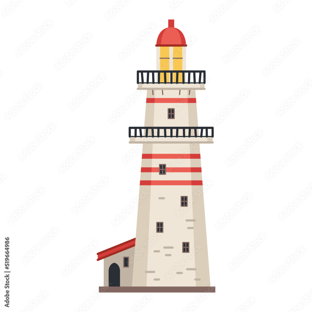 Sea detailed lighthouse icon isolated on white - vector. Beacon tower with searchlight lamp isolated icon. Vector nautical striped tower, navigation symbol, seafarer beacon.