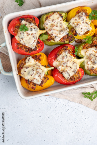 Colorful peppers stuffed with meat and bulgur