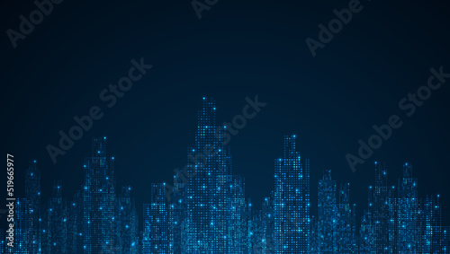 Fotografiet Cityscape on dark blue background with bright glowing neon