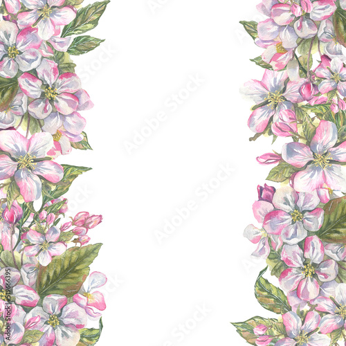 Wallpaper Mural Apple blossoms pink with leaves vertical frame. Watercolor illustration. For the design and decoration of postcards, posters, invitations, website, certificates, banners, souvenirs. Torontodigital.ca
