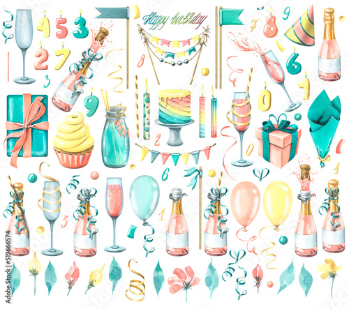 A huge set of objects on the theme of a HAPPY BIRTHDAY, as well as any holiday with champagne, glasses, gifts, sweets, decorations, balloons, lettering and candles. Watercolor illustration