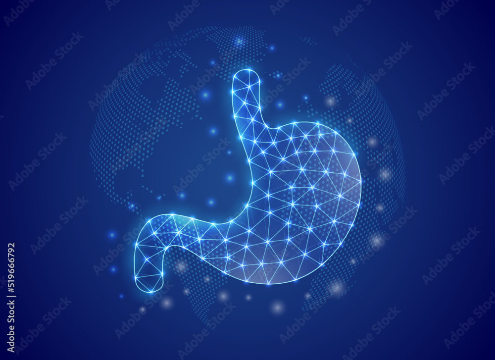 Stomach 3d low poly symbol with world map background. Digestive system concept design illustration. Organ anatomy polygonal symbol with connected dots Stomach 3d low poly symbol with world map background. Digestive system concept design illustration. Organ anatomy polygonal symbol with connected dots