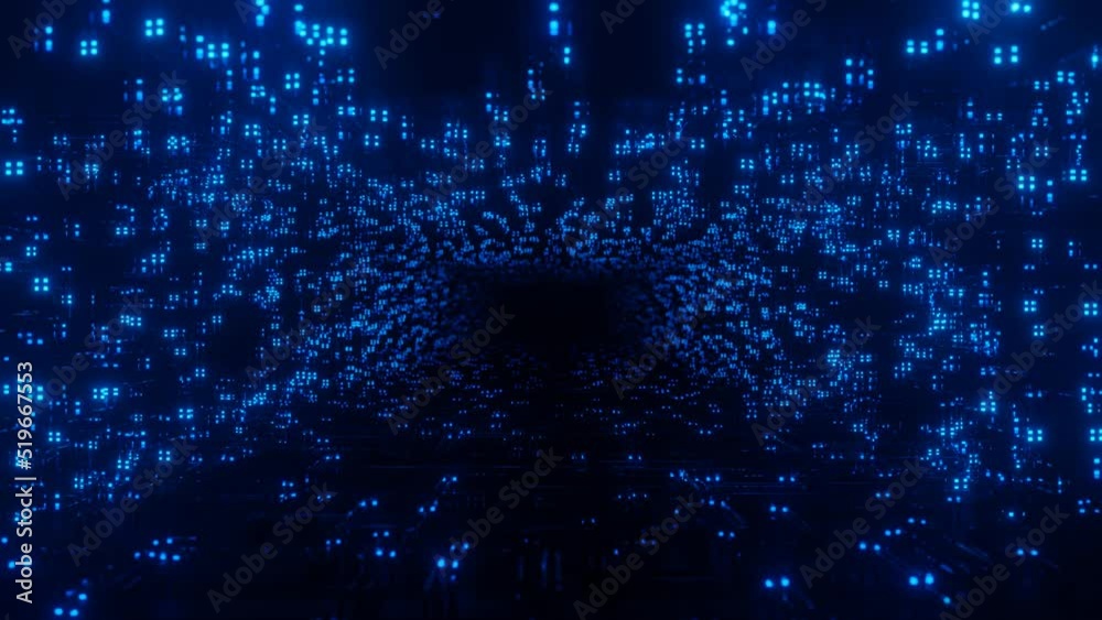 Tunnel of glass luminous blocks. Fly through technology cyberspace with neon glow. Sci-fi flight through hi-tech technology tunnel. Hologram and neon light. 3d looped seamless 4k bg. Data flow