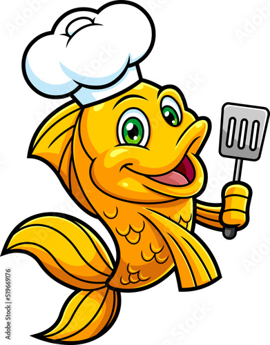 Cute Gold Fish Or Goldfish Chef Cartoon Character Holding A Slotted Spatula. Vector Hand Drawn Illustration Isolated On White Background