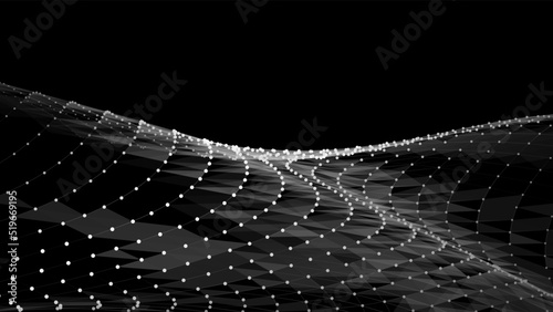 Wave of flowing particles on a dark background. Abstract backdrop with dynamic elements of waves and dots. Vector