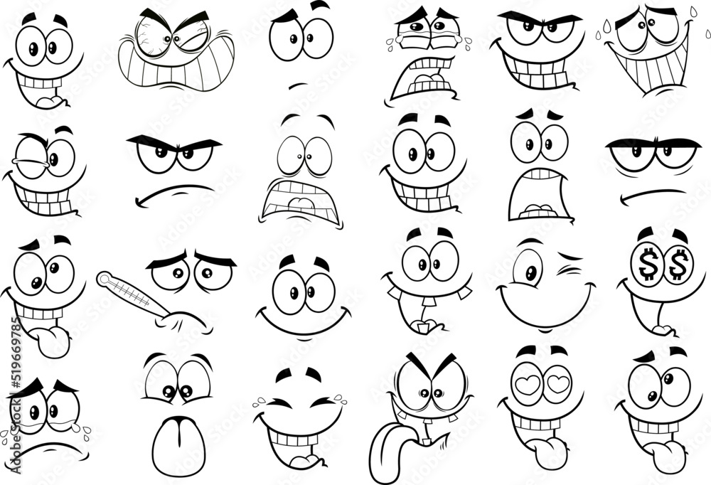 Outlined Cartoon Funny Faces Vector Collection Set Isolated On White Outlined Cartoon Funny Faces Vector Collection Set Isolated On White