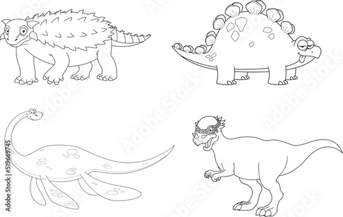 Outlined Dinosaur Cartoon Characters. Vector Hand Drawn Collection Set Isolated On White Background