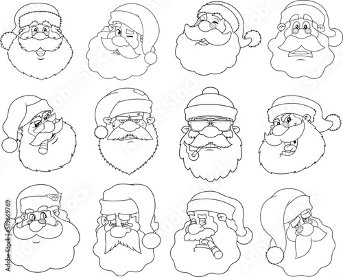 Outlined Classic Santa Claus Face Portrait Cartoon Characters. Vector Collection Set Isolated On White Background