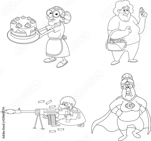 Outlined Grandma Cartoon Characters. Vector Collection Set Isolated On White Background